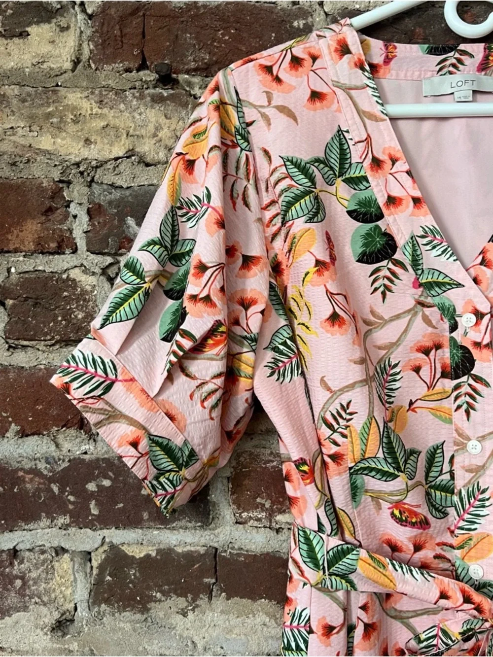 LOFT Peach-Pink Floral Midi Dress with Green Leaf Print - Picture 4 of 8